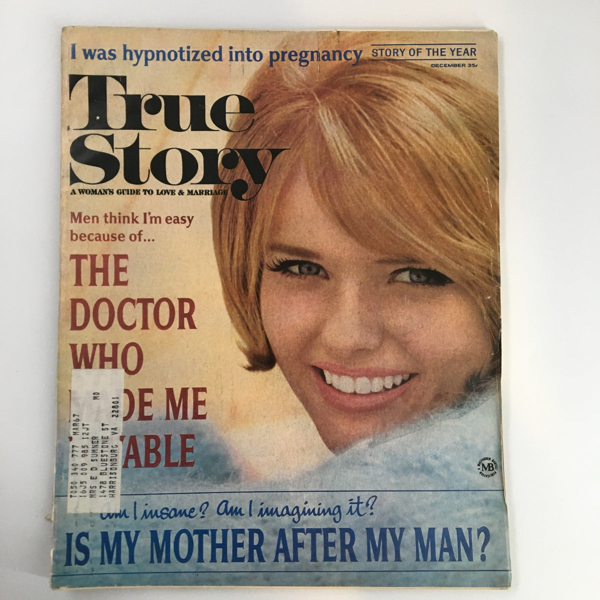 Cover image of VTG True Story Magazine December 1966 featuring a woman with a bright smile, showcasing the headline 'My Husband Signed Our Son's Death Warrant' and other intriguing titles.
