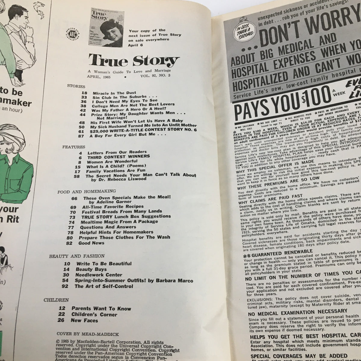 Interior page of VTG True Story Magazine April 1965, featuring the table of contents with article titles and features. The magazine highlights themes of love, marriage, and relationship dynamics.