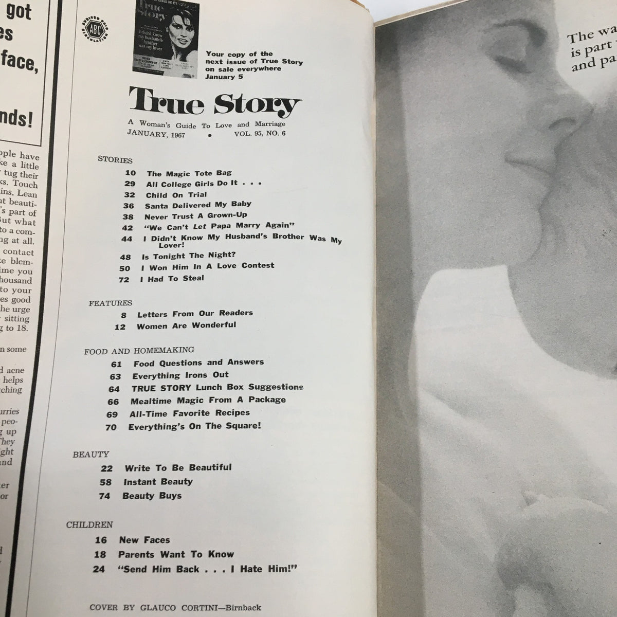 Inside page of True Story Magazine January 1967 featuring contents and stories including 'I Didn't Know My Husband's Brother Was My Lover', showcasing vintage magazine design.