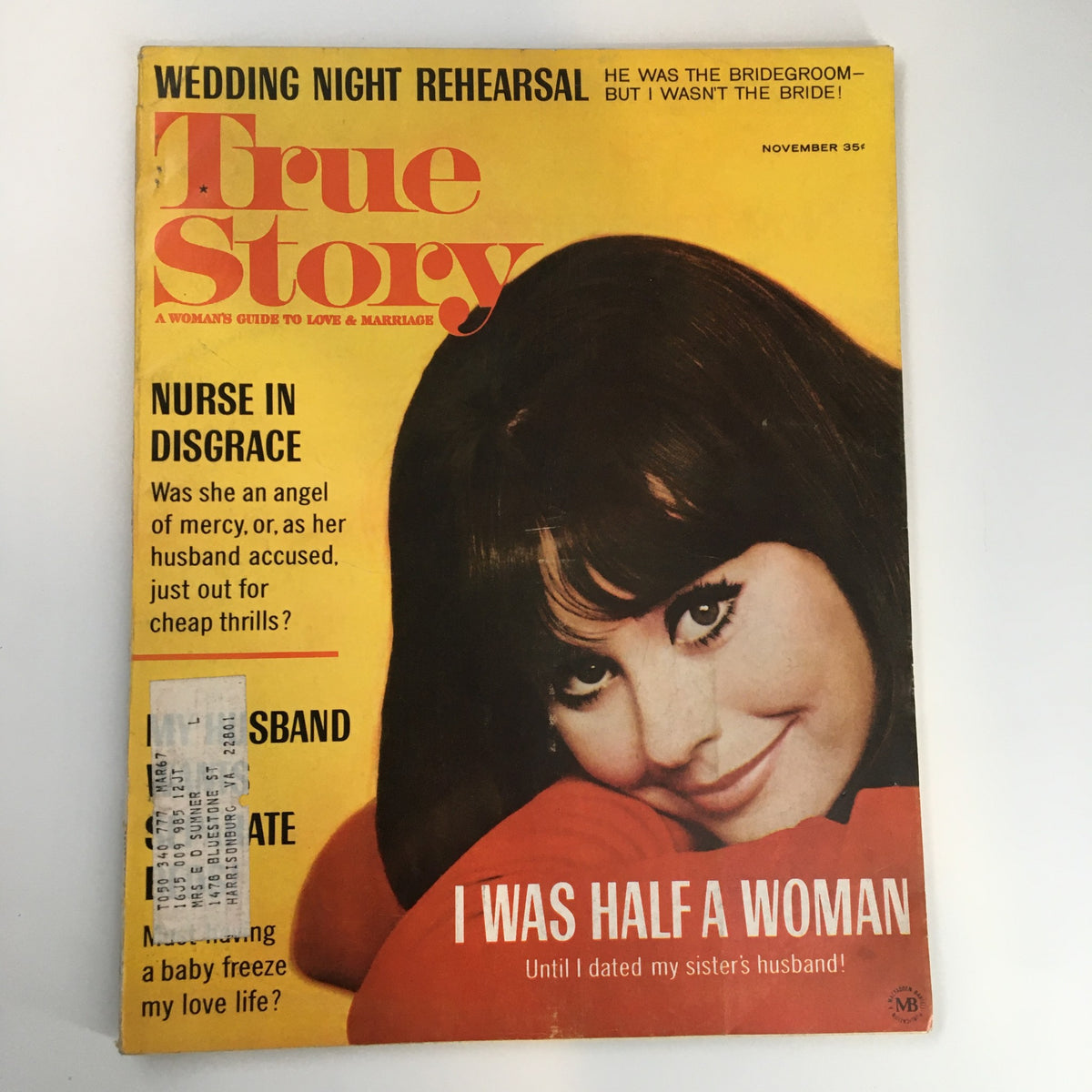 Cover of VTG True Story Magazine November 1966 featuring the headline 'Nurse in Disgrace' with an image of a woman and bold typography.