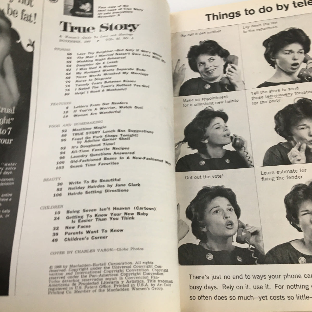 Inside page of VTG True Story Magazine November 1966 displaying the table of contents with features, food, homemaking, and beauty sections.