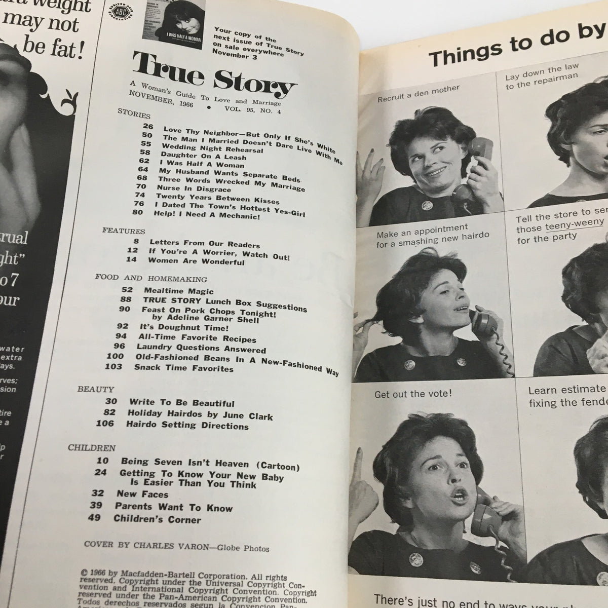 Interior page of VTG True Story Magazine November 1966 displaying the table of contents, featuring stories and features about love, marriage, and retro meal ideas including 'TRUE STORY Lunch Box Suggestions'.