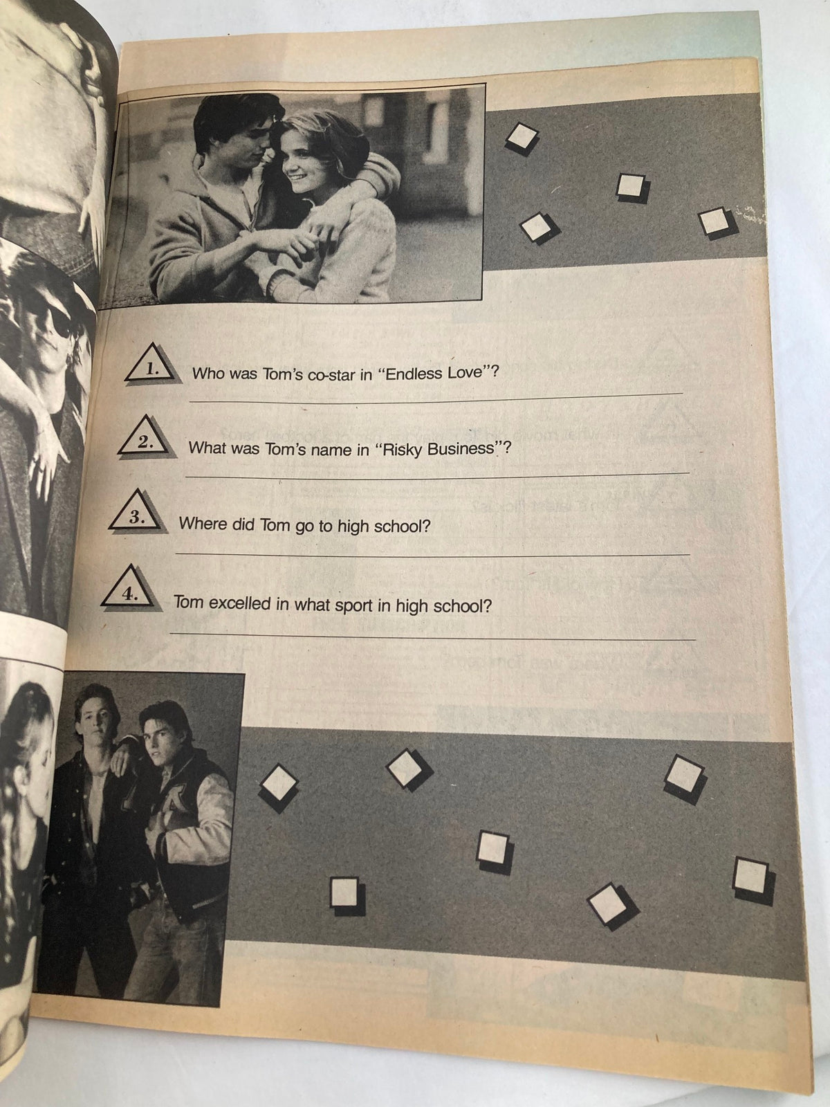 Inside page of VTG Teen Trivia Magazine Fall 1984 with trivia questions about Tom Cruise and iconic moments from the 1980s.