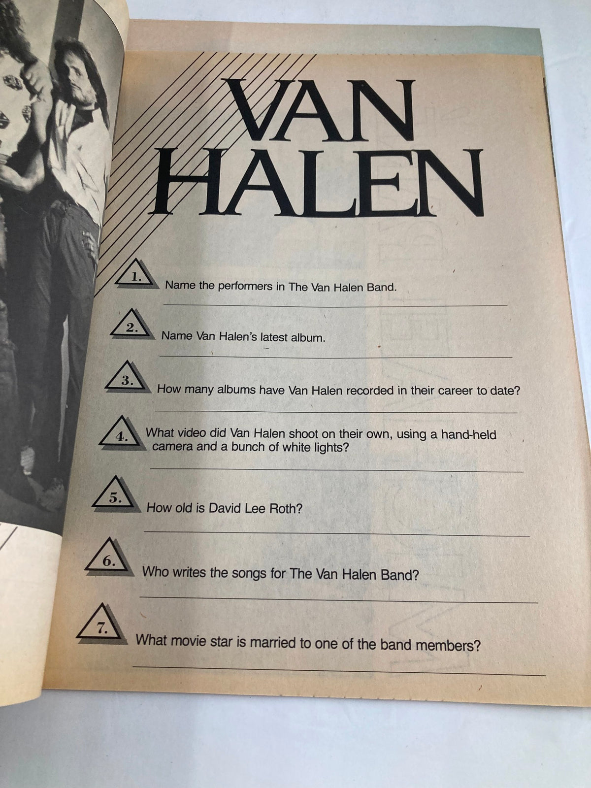 Trivia page from VTG Teen Trivia Magazine Fall 1984 dedicated to the band Van Halen with quiz questions about their music history.