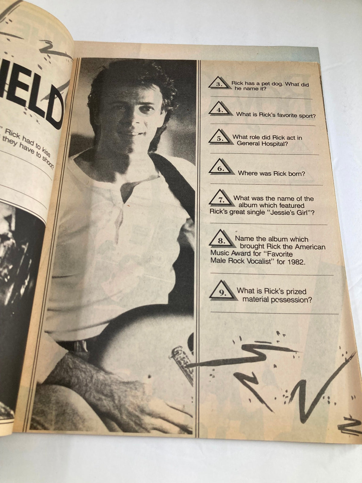 Another trivia page from VTG Teen Trivia Magazine Fall 1984 featuring questions related to Rick Springfield and his popular songs.