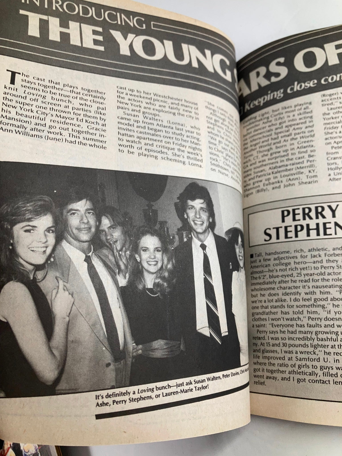 January 1984 Movie Mirror Magazine featuring Pierce Brosnan, showcasing a group of actors including Susan Walters, Perry Stephens, and others, discussing their roles and experiences in the entertainment industry.