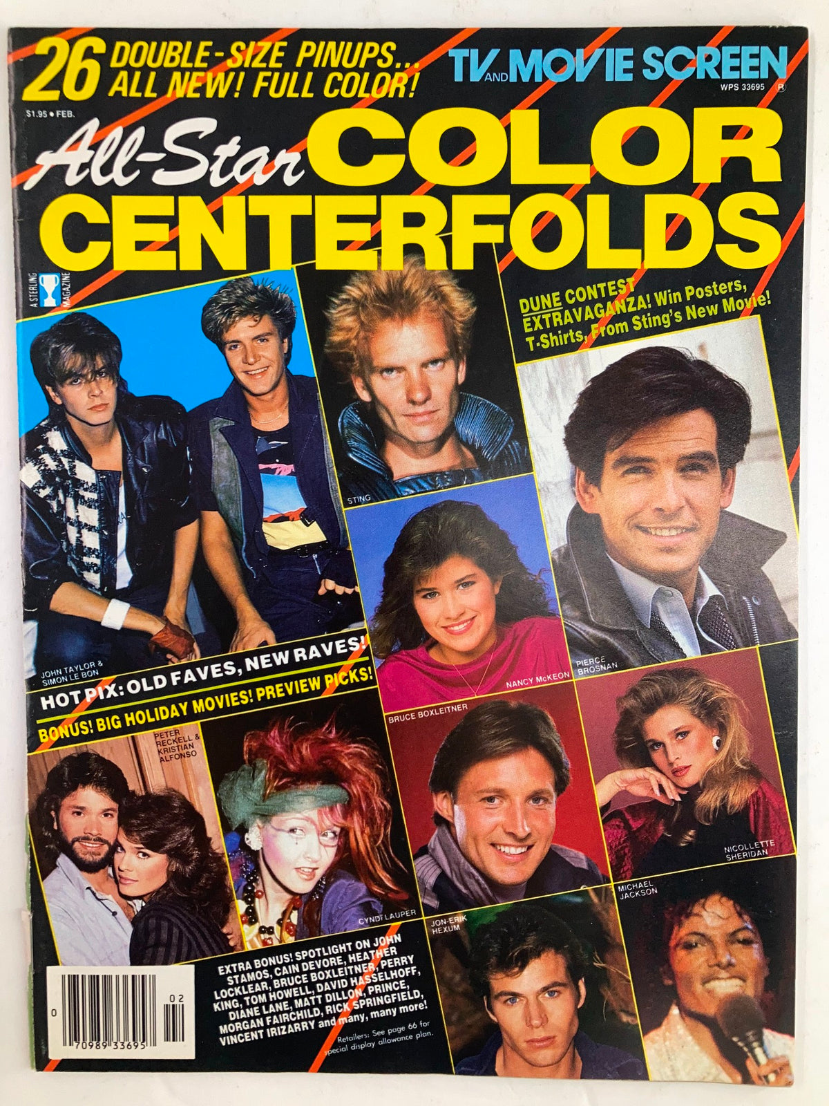 Cover of VTG All Star Color Centerfolds February 1985 Vol 31 #6 featuring iconic images of wrestling star Sting and other celebrities, vibrant colors, and promotional items.
