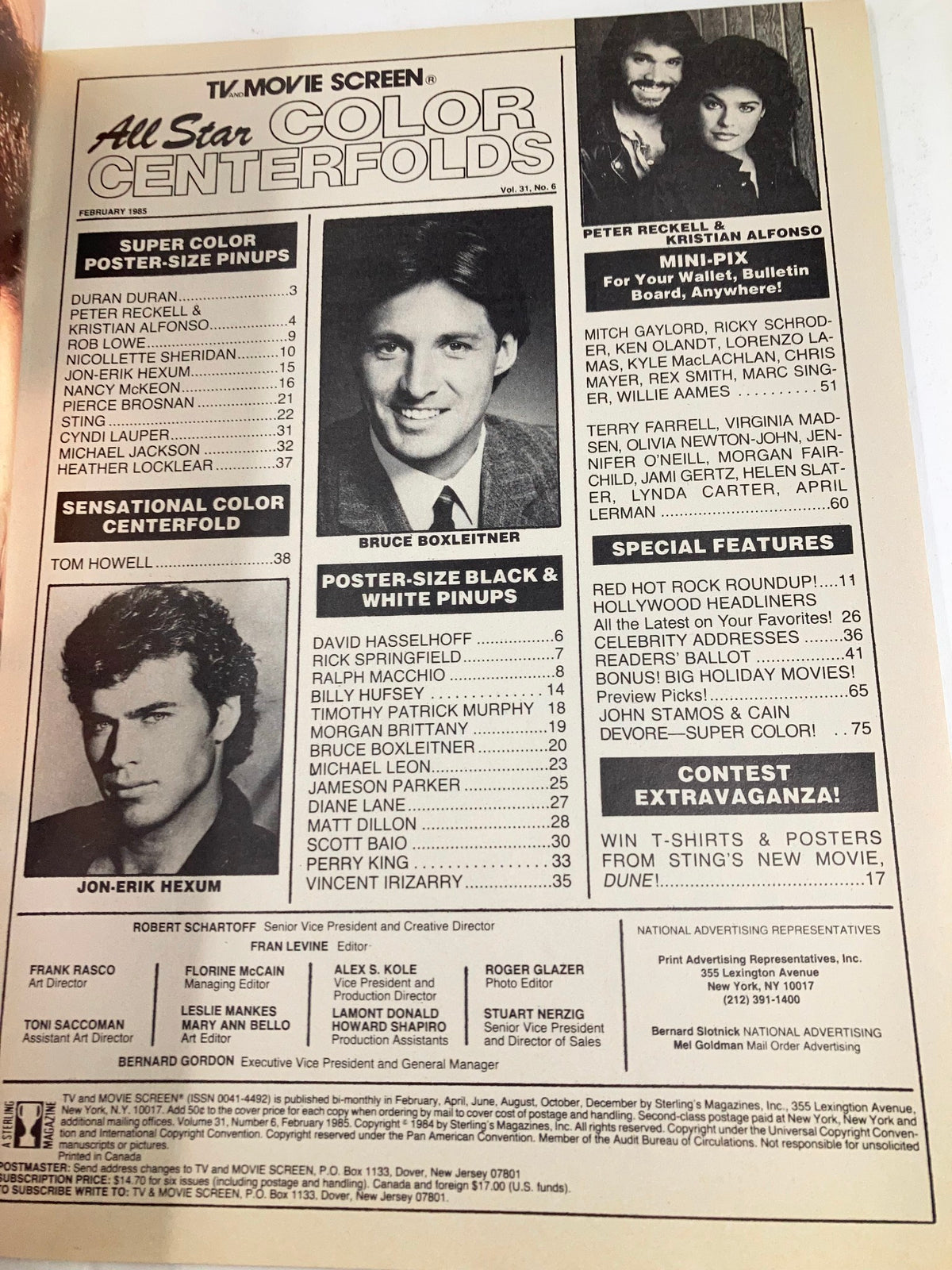 Interior page of VTG All Star Color Centerfolds February 1985 Vol 31 #6 containing the table of contents with images of stars like Bruce Boxleitner and Jon-Erik Hexum.