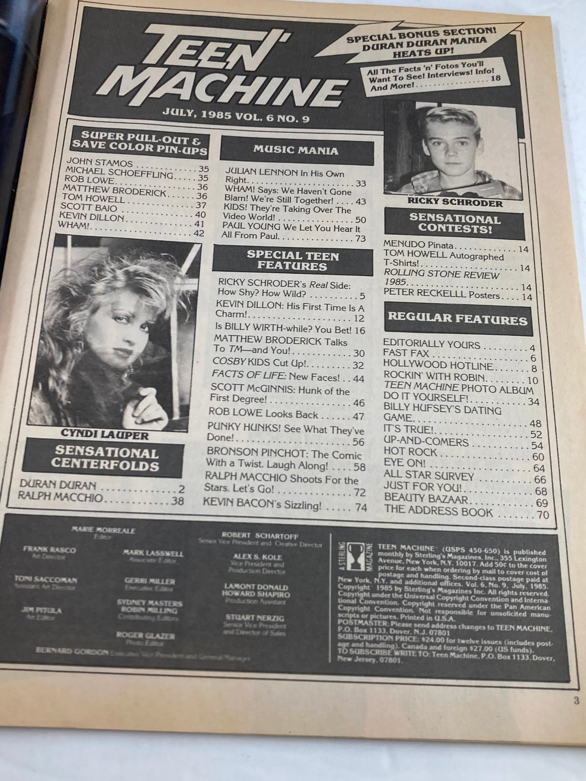 Inside page of VTG Teen Machine Magazine July 1985 Vol 6 #9, showcasing contents featuring celebrity names, articles, and pin-ups relevant to 80s pop culture including Duran Duran.