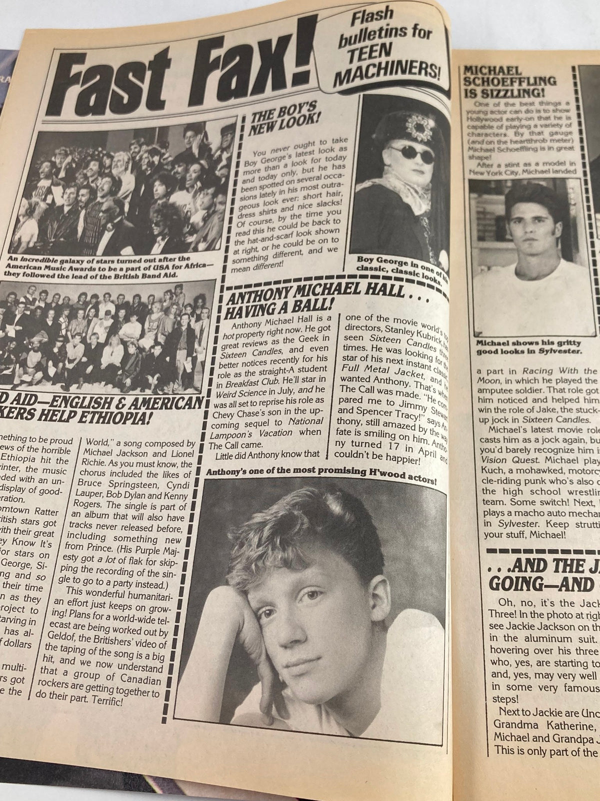 Page from VTG Teen Machine Magazine July 1985 featuring Boy George and Anthony Michael Hall, capturing the essence of 80s music and style.