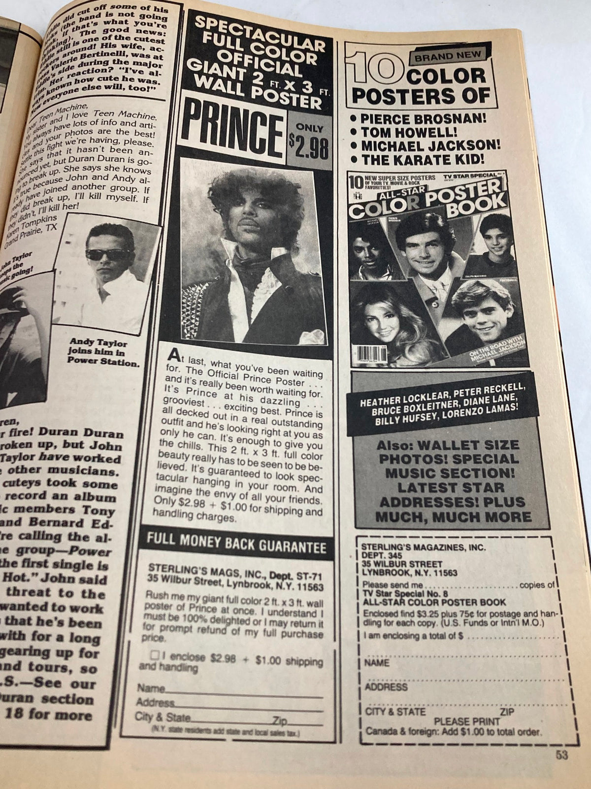 Advertisement from the July 1985 VTG Teen Machine Magazine featuring a giant wall poster of Prince for $2.98, showcasing pop culture memorabilia from the 1980s.