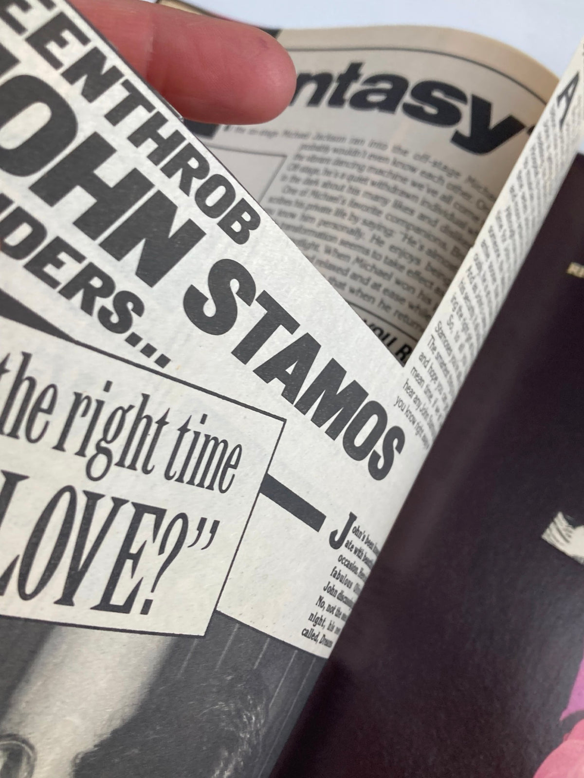 Page from the VTG Teen Machine Magazine December 1985 Vol 6 #4, focusing on the text about John Stamos, highlighting the pop culture of the era.