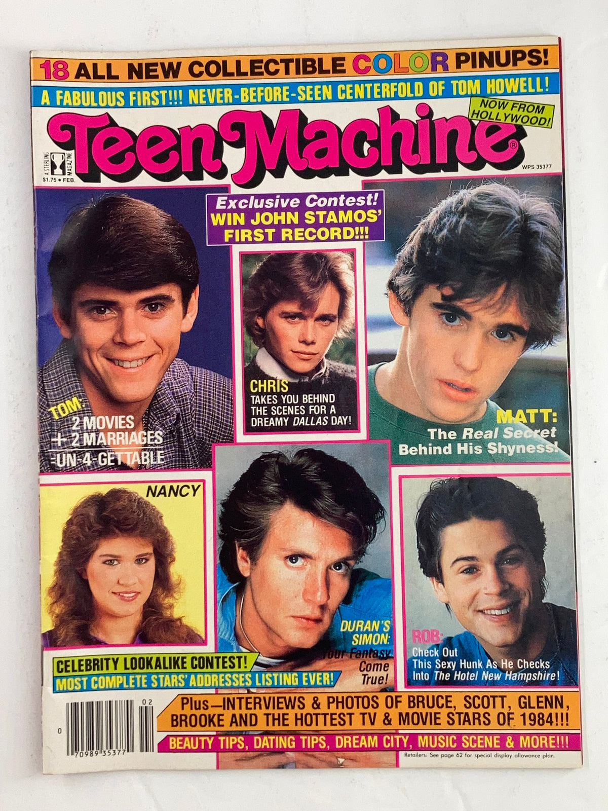Teen Machine magazine cover featuring Matt Dillon, February 1984, highlighting pop culture icons and celebrity contests.