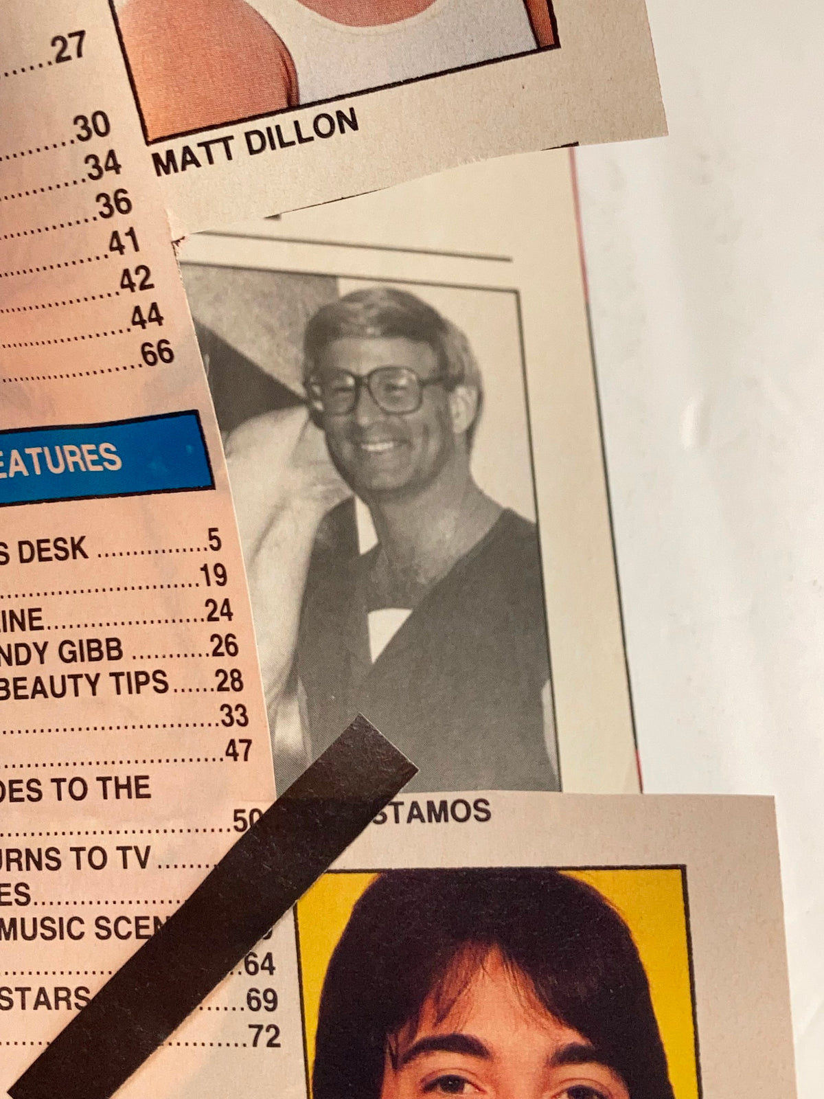 Page from Teen Machine magazine showing a photograph of Matt Dillon, Volume 5 No. 6, February 1984, with incomplete cut-outs.