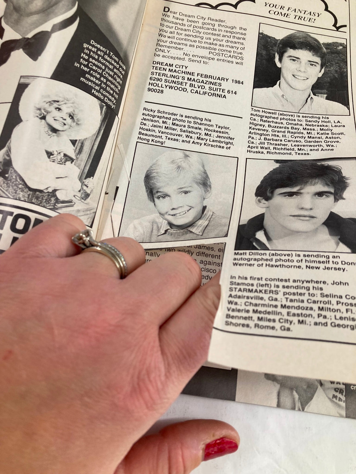 A page from the February 1984 Photo Screen Magazine displaying fan interactions and mentions of Matt Dillon.