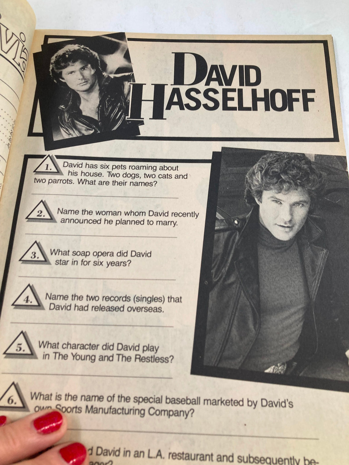 VTG Teen Trivia Magazine Fall 1984 highlighting trivia questions related to David Hasselhoff, including contests about his pets and career.