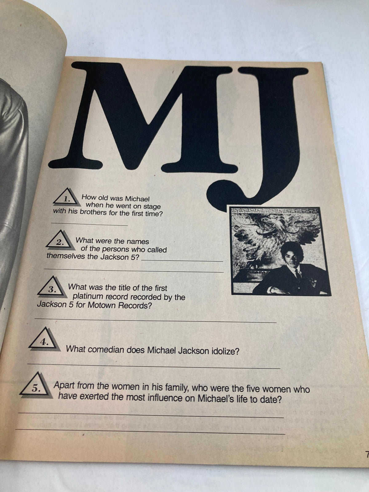 VTG Teen Trivia Magazine Fall 1984 page focusing on Michael Jackson with trivia questions about his early career and personal influences.