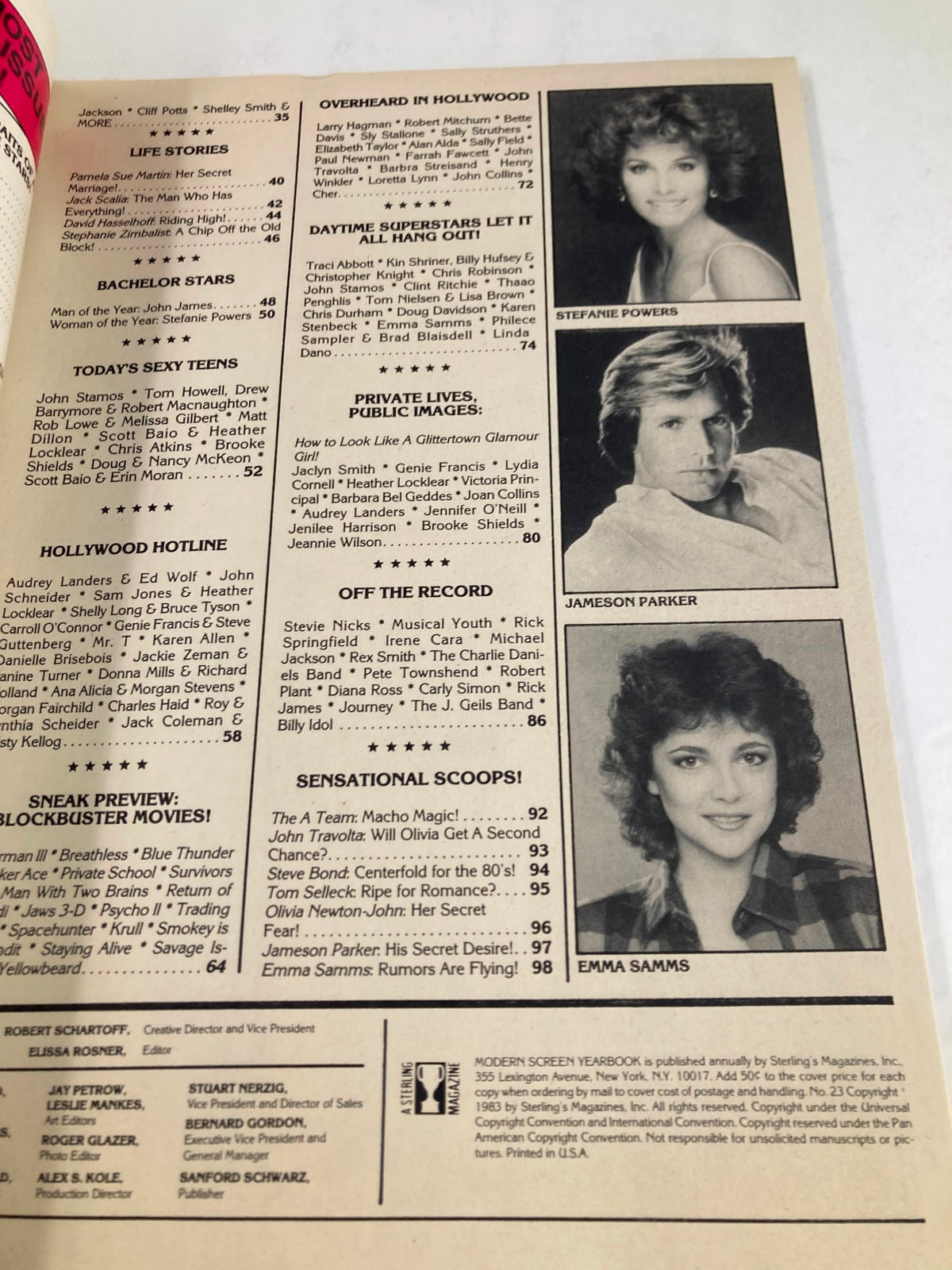 Another inside page of VTG Modern Screen Yearbook No. 23 1983 featuring black and white headshots of TV personalities including Stefanie Powers and Jameson Parker, with lists of featured articles.