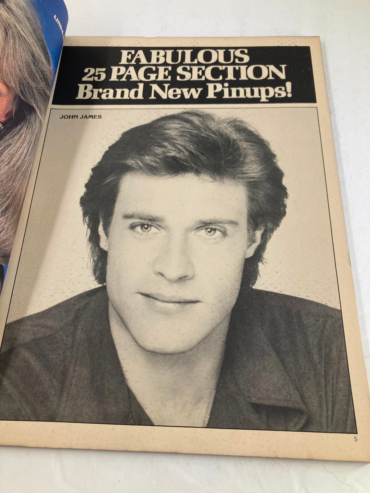 Interior spread of VTG Modern Screen Yearbook No. 23 1983 displaying John James in a promotional layout for a pinup section, highlighting popular stars of the time.