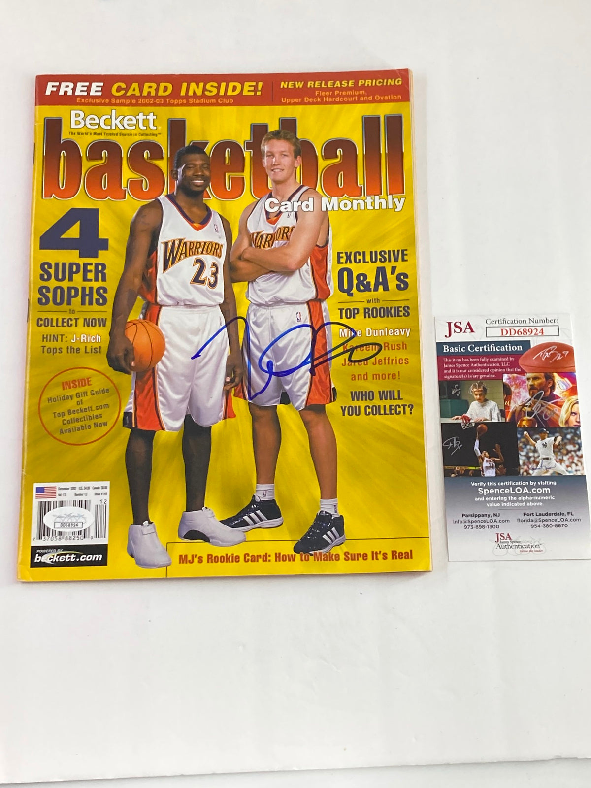 Mike Dunleavy Beckett Basketball #149 December 2002 magazine cover featuring autographs from Mike Dunleavy and another player, JSA certified, showcasing basketball memorabilia.