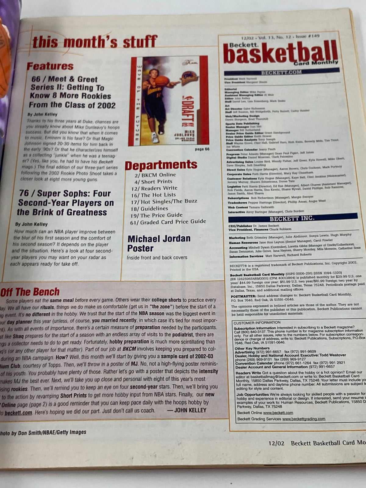 Mike Dunleavy Beckett Basketball #149 December 2002 featuring articles and content about NBA cards and players, with a focus on basketball collectibles.