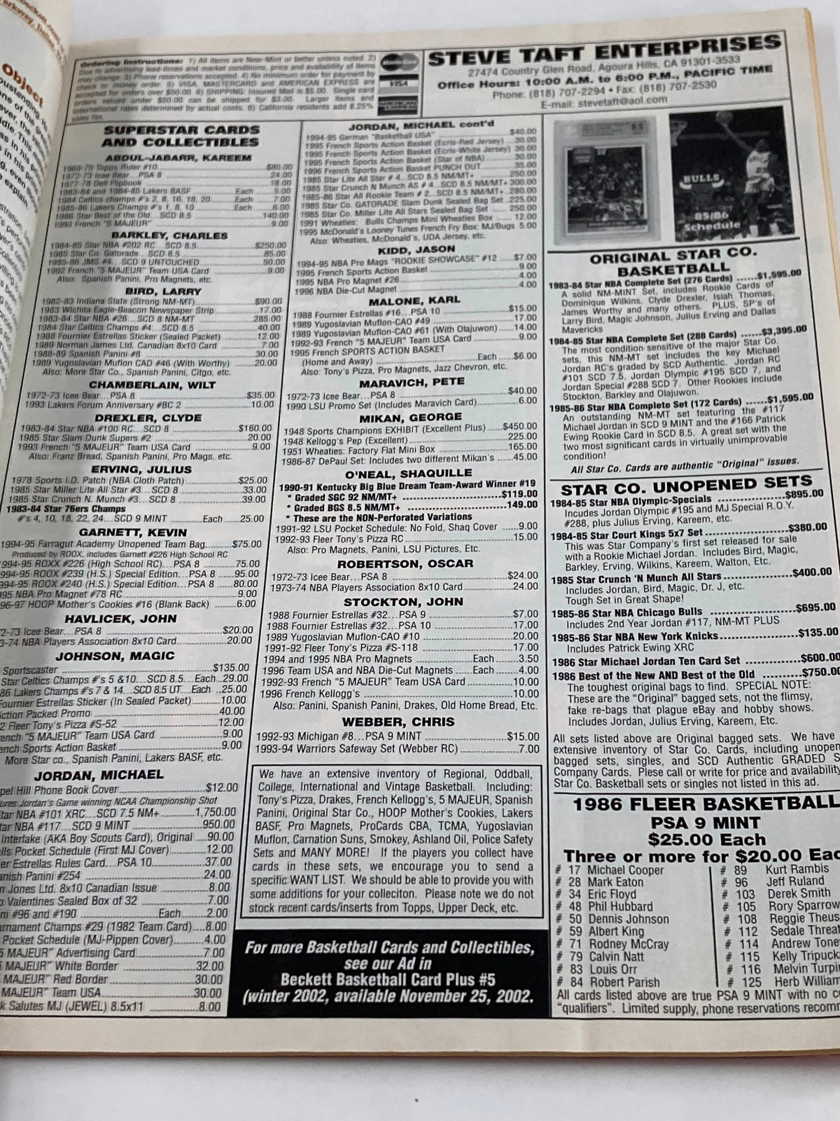 Mike Dunleavy Beckett Basketball #149 December 2002, showcasing a list of basketball superstar cards and collectibles, including pricing information for various players.