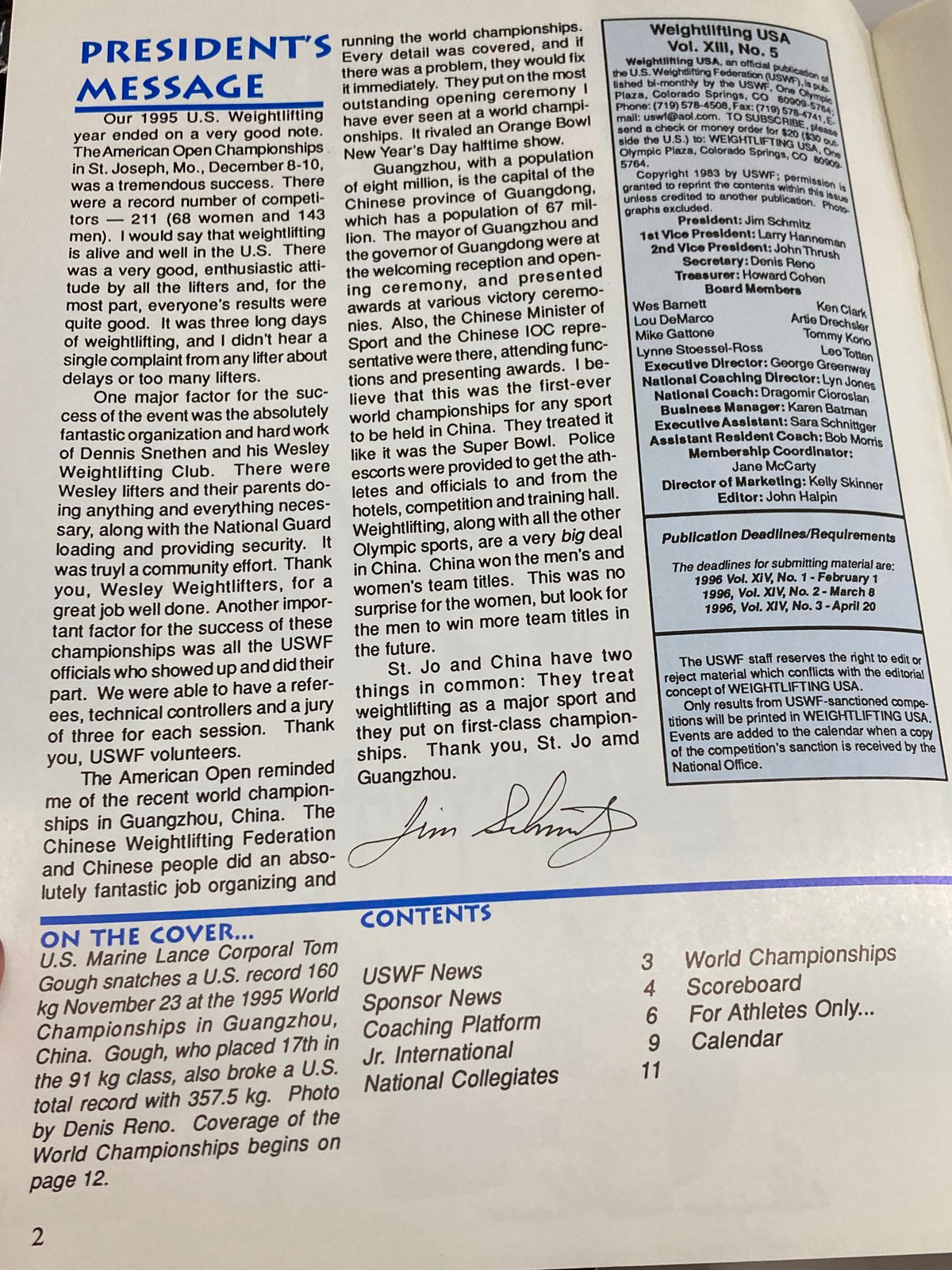 Interior page of Weightlifting USA Magazine December 1995, featuring the President's Message and announcing the U.S. Weightlifting Championship events.