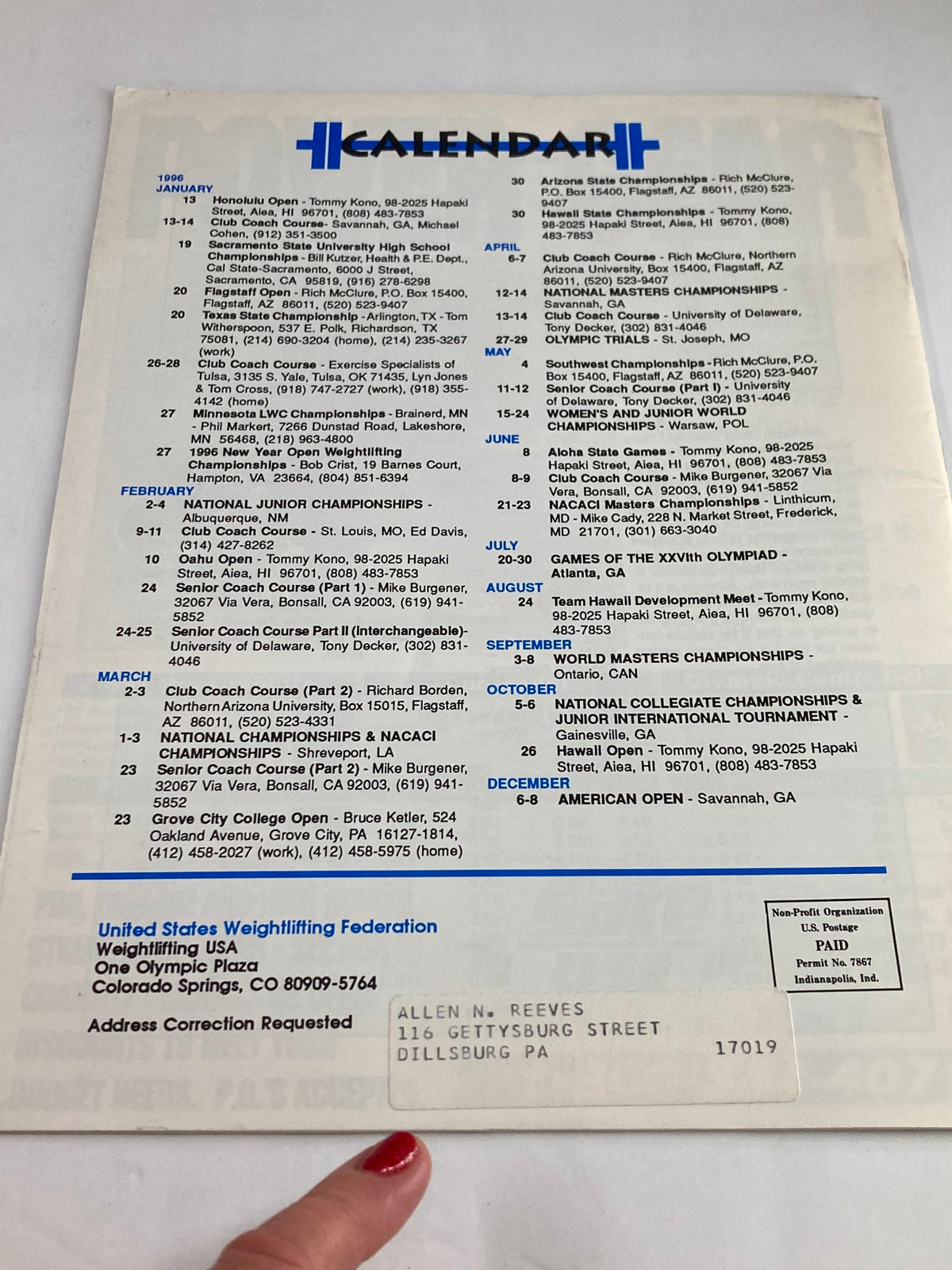 Calendar page from Weightlifting USA Magazine December 1995 detailing upcoming weightlifting events, including National Championships and the American Open.