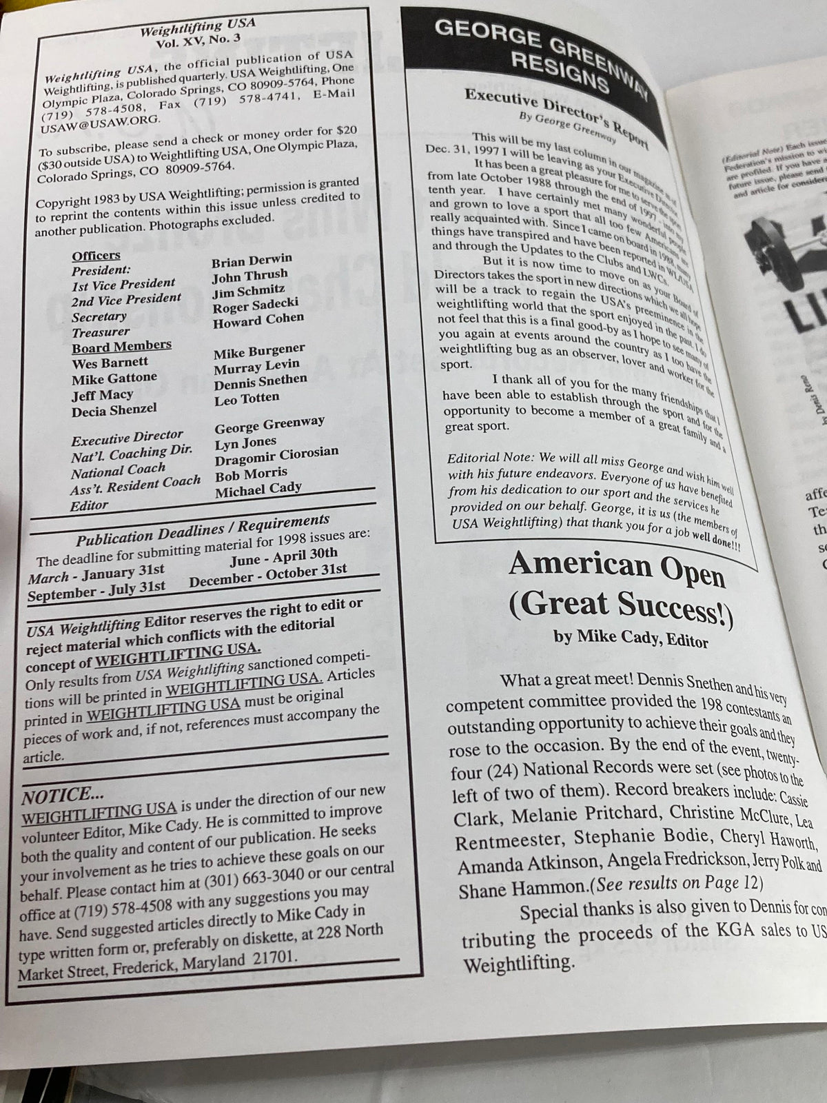 Page from Weightlifting USA Magazine Vol 15 #3 December 1997 showing the Executive Director's Report by George Greenway, including details on board members such as Wes Barnett and others involved with USA Weightlifting.