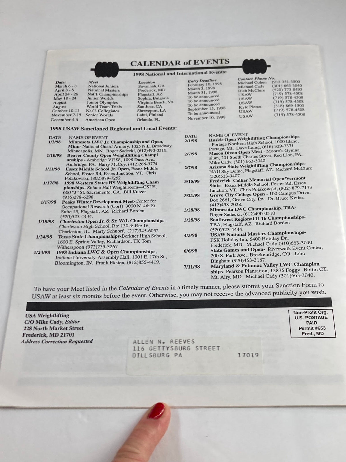 Calendar of Events page from Weightlifting USA Magazine Vol 15 #3 December 1997 detailing the 1998 National and International events for USA Weightlifting.