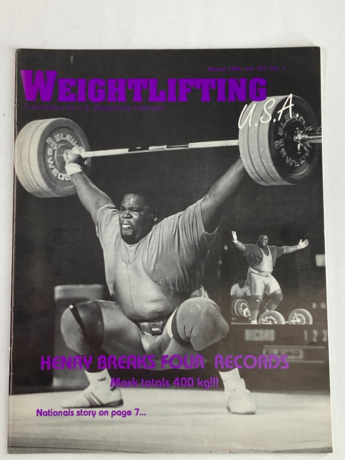 Cover of Weightlifting USA Magazine Vol 14 #1 March 1996 featuring Henry breaking four records, showcasing a weightlifter in action.