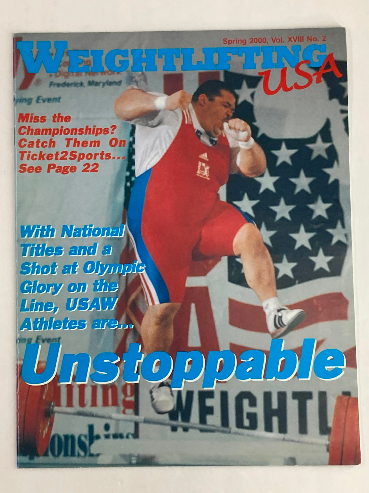Weightlifting USA Magazine Vol 18 #2 Spring 2000 cover featuring athlete Shane Hamman in action, showcasing the dynamic spirit of weightlifting.