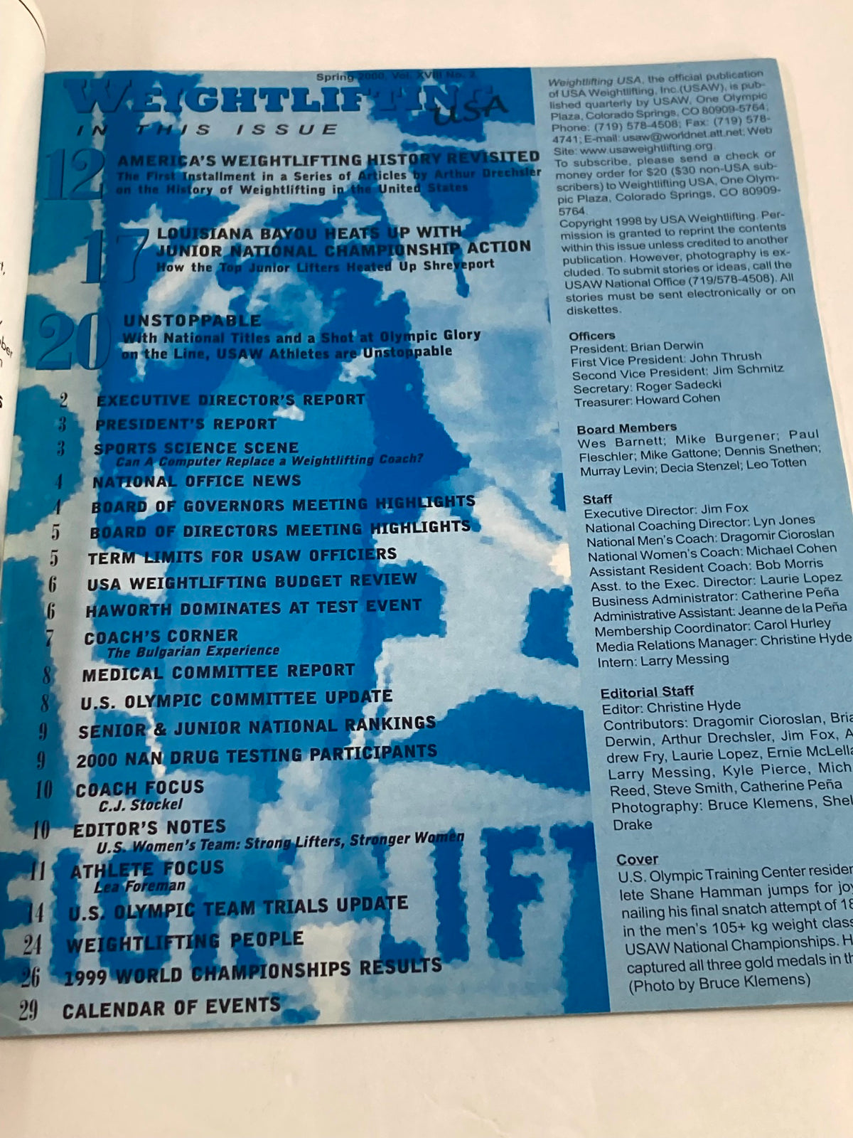 Weightlifting USA Magazine Vol 18 #2 Spring 2000 interior page displaying the table of contents, highlighting various segments related to weightlifting events and athlete profiles.