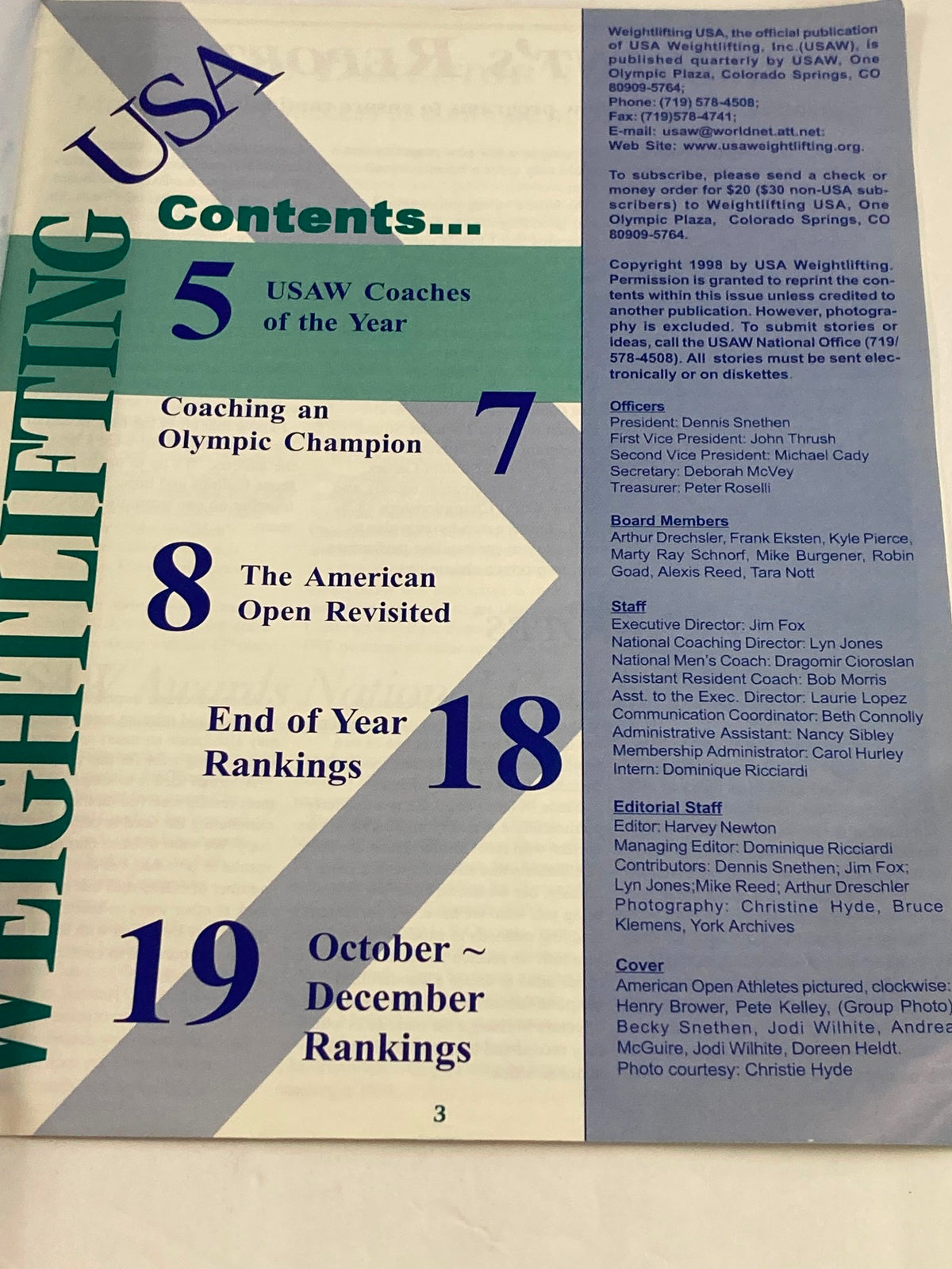 Contents page of Weightlifting USA Magazine Vol 19 #1 Winter 2000 listing features such as US Coaches of the Year, coaching an Olympic champion, and American Open revisited.