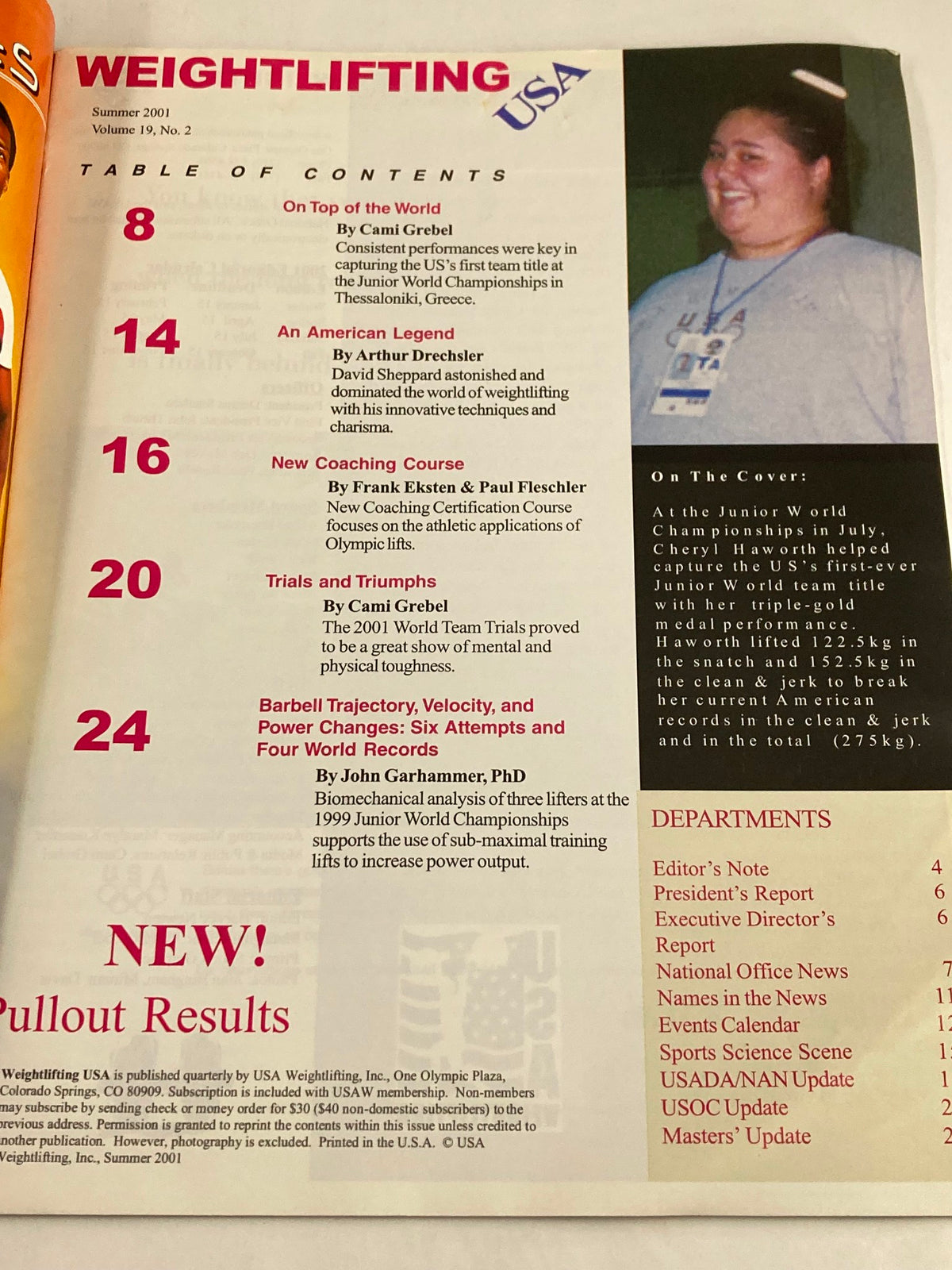 Table of contents from Weightlifting USA Magazine Vol 19 #2 Summer 2001, featuring sections on Junior World Champion Cheryl Haworth and coaching insights.