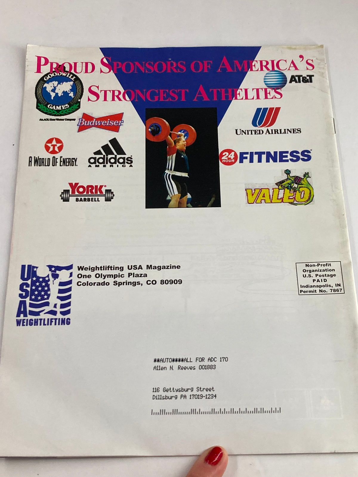 Back cover of Weightlifting USA Magazine Vol 19 #2 Summer 2001, showcasing sponsors and contact information for Weightlifting USA Magazine.