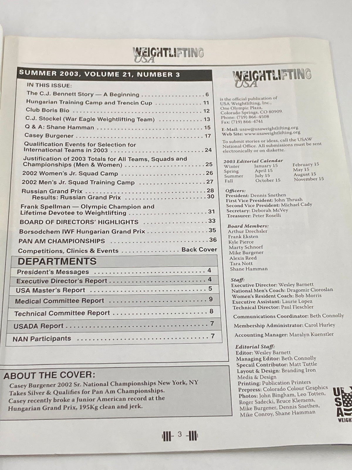 Interior page of Weightlifting USA Magazine Vol 21 #3 Fall 2002 featuring the contents section and layout descriptions of articles focused on Olympic weightlifting, including features on Casey Burgener.