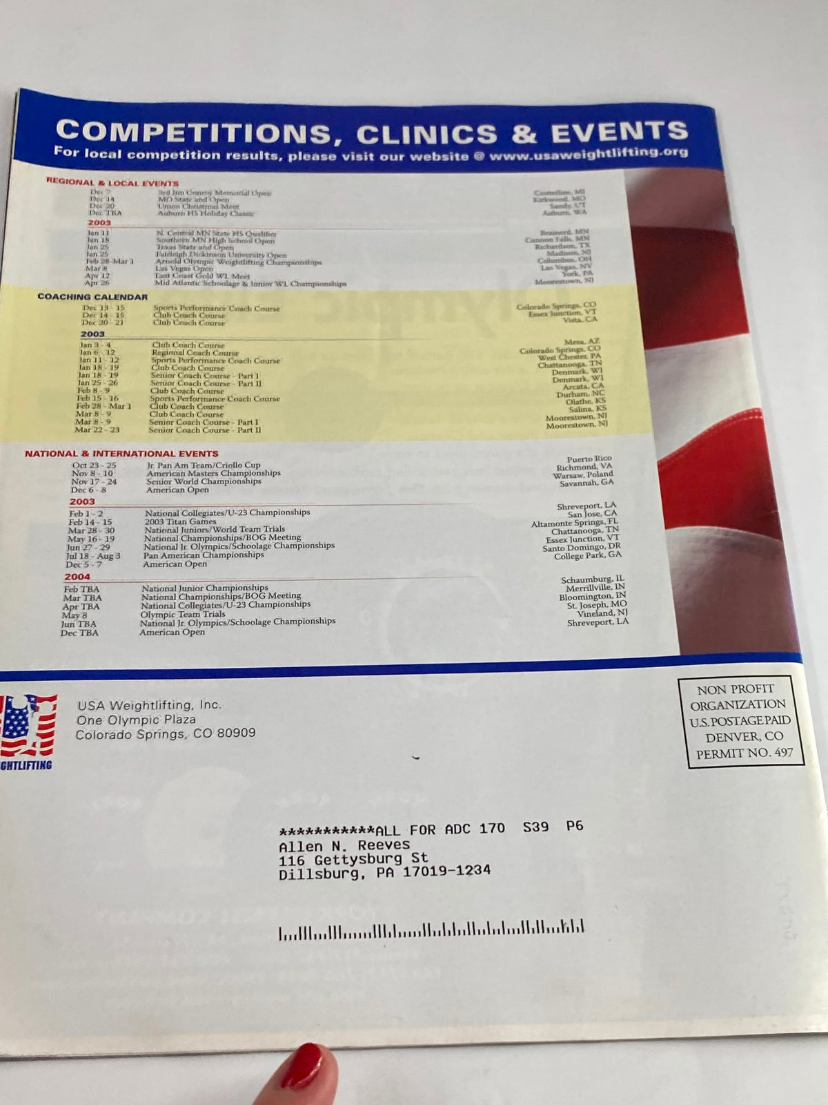 Another interior page of Weightlifting USA Magazine Vol 21 #3 Fall 2002 displaying the events and competitions calendar for regional and national weightlifting events, showcasing the magazine's role in promoting the sport.