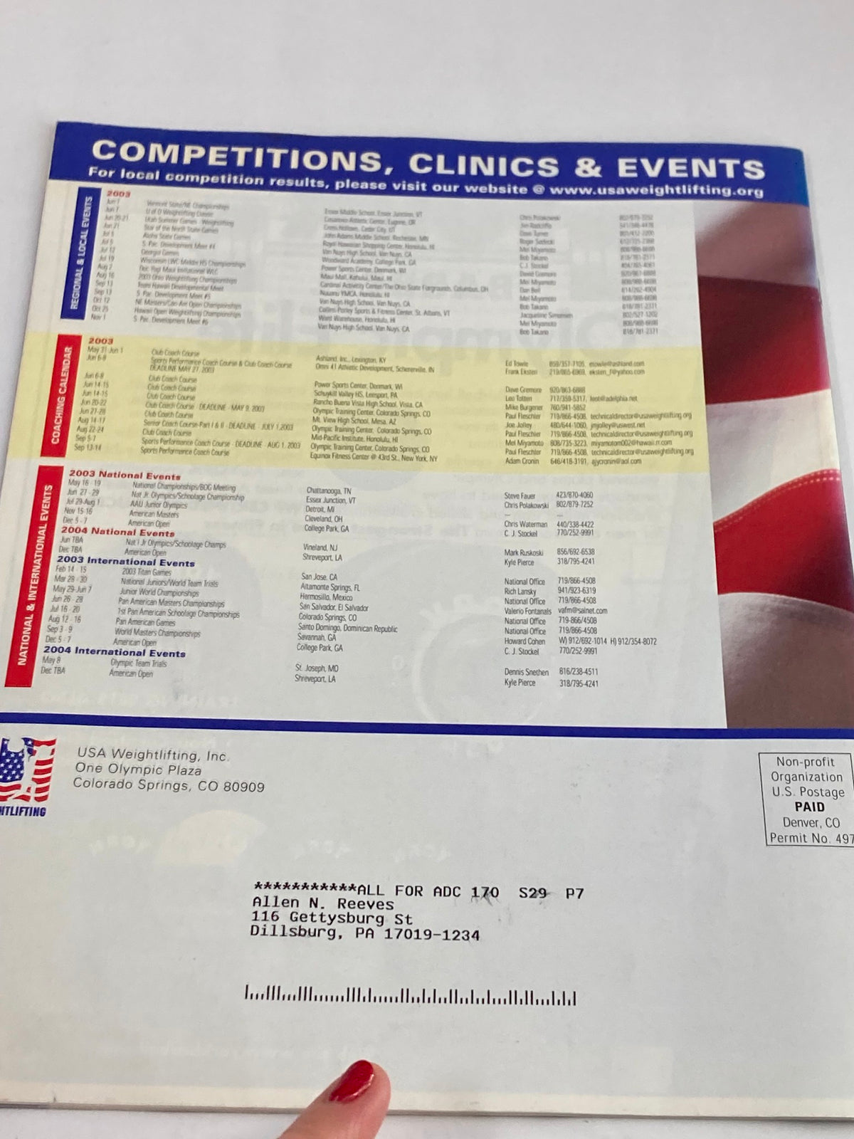 Back cover of Weightlifting USA Magazine Vol 22 #1 Spring 2003 providing information on competitions, clinics, and events hosted by USA Weightlifting.