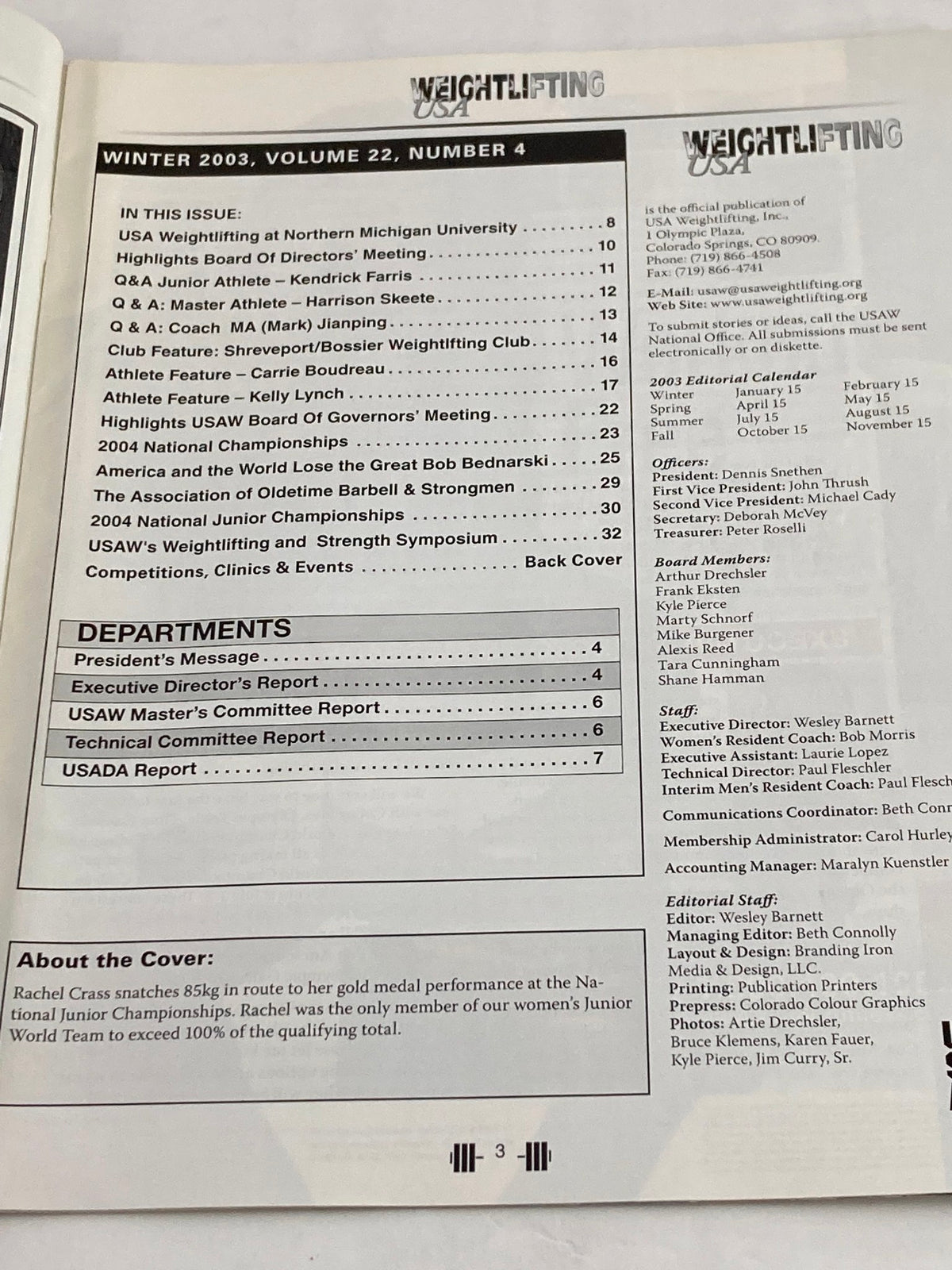 Interior page of Weightlifting USA Magazine Vol 22 #4 Winter 2003 featuring highlights and articles, including a note about Rachel Crass, gold medalist at the Na-Junior World Championships.