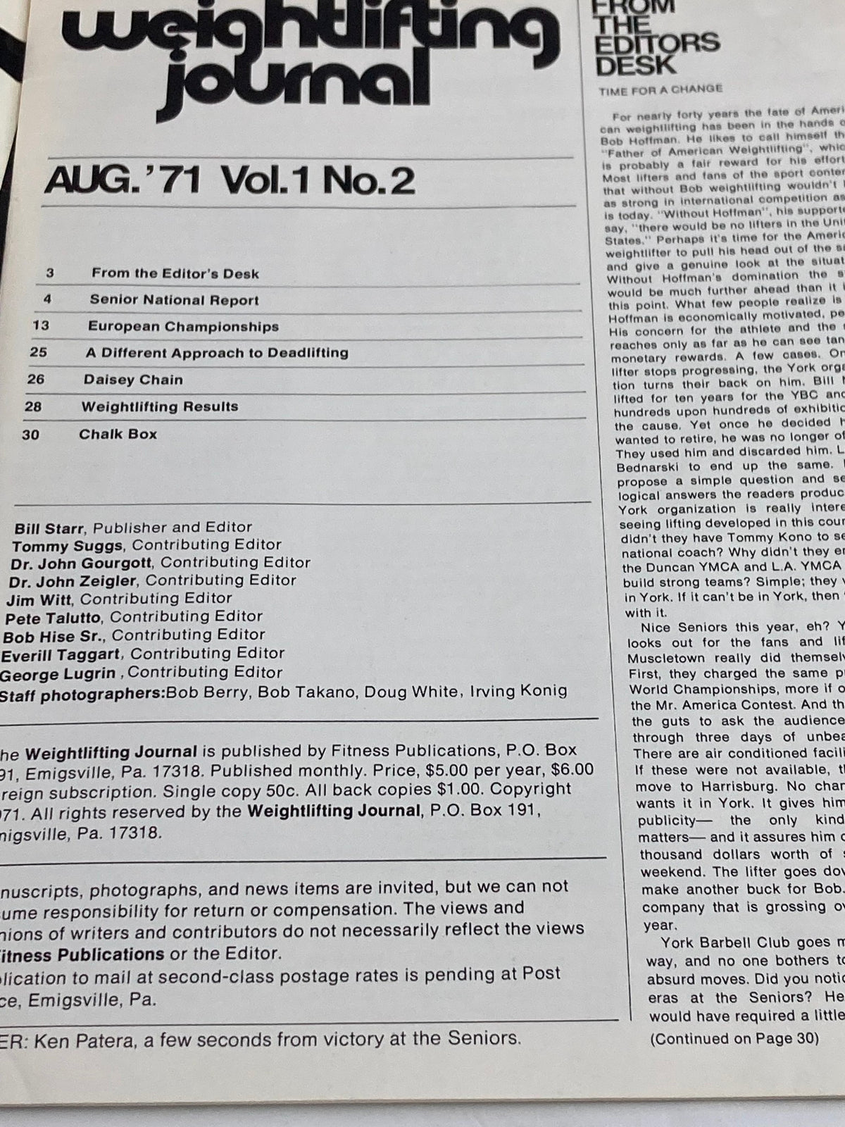 Table of contents from the VTG Weightlifting Journal Magazine August 1971, detailing articles and features including editor's notes and championship reports.