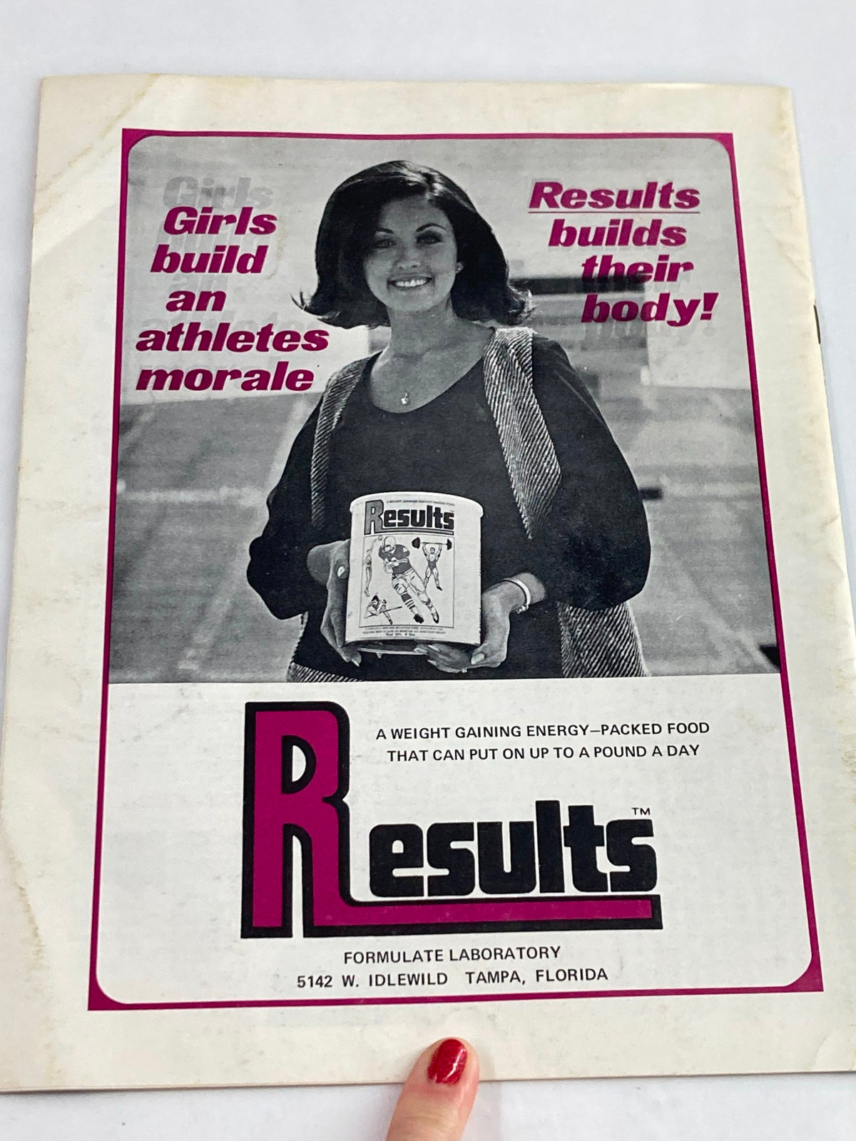 Advertisement from the VTG Weightlifting Journal Magazine August 1971, promoting 'Results,' an energy-packed food product for athletes.