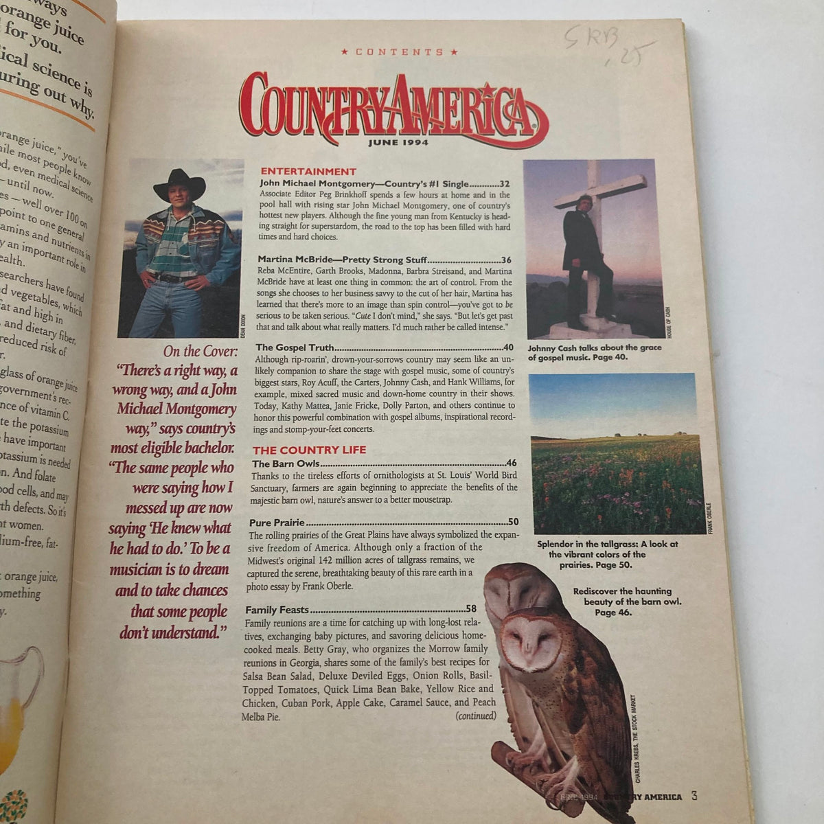 Interior page of Country America Magazine June 1994 showing the contents. The page includes features on John Michael Montgomery and Johnny Cash, capturing the essence of country music from the 1990s.