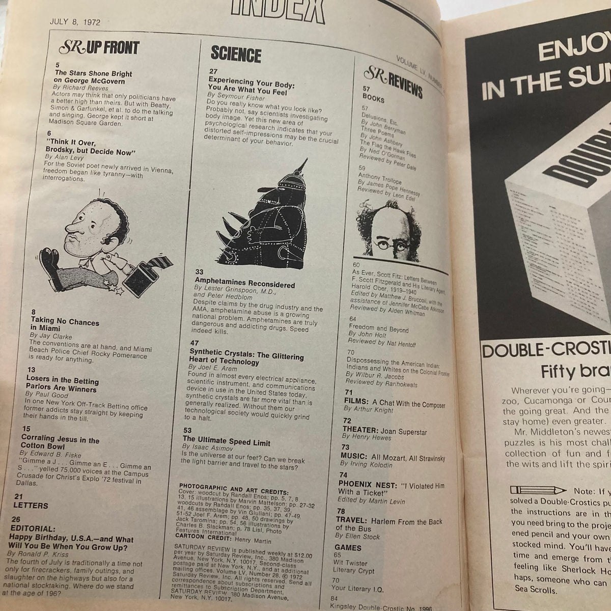 Inside page of the Saturday Review Magazine from July 8, 1972, displaying the index section with listings including the article 'The Ultimate Speed Limit' by Isaac Asimov and other features.