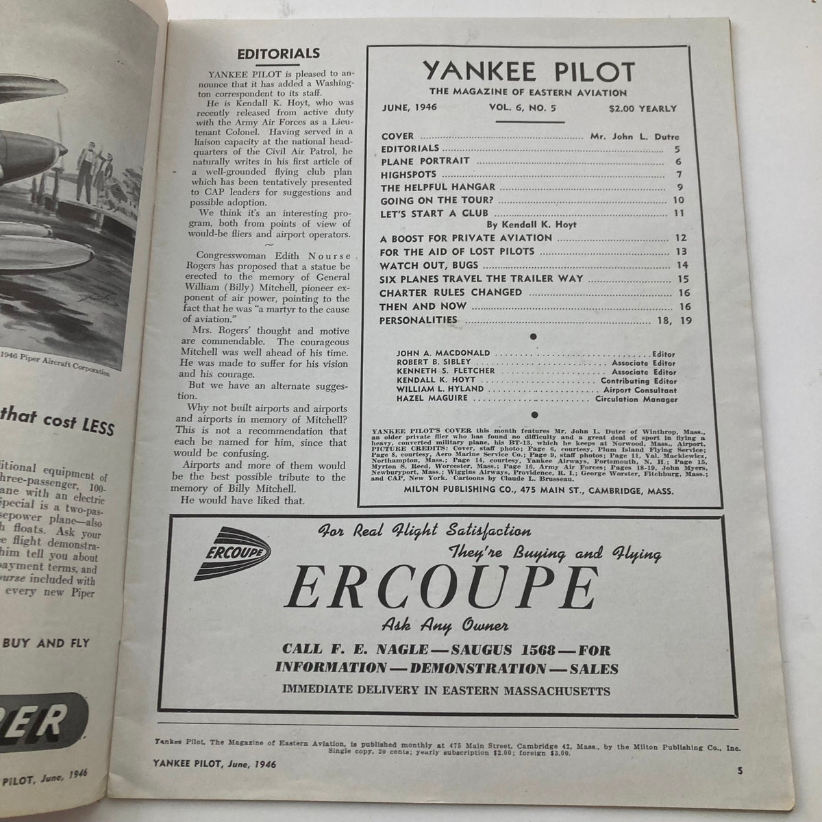 Interior page of VTG Yankee Pilot Magazine June 1946, Volume 6, Number 5, featuring editorials and magazine highlights related to aviation.