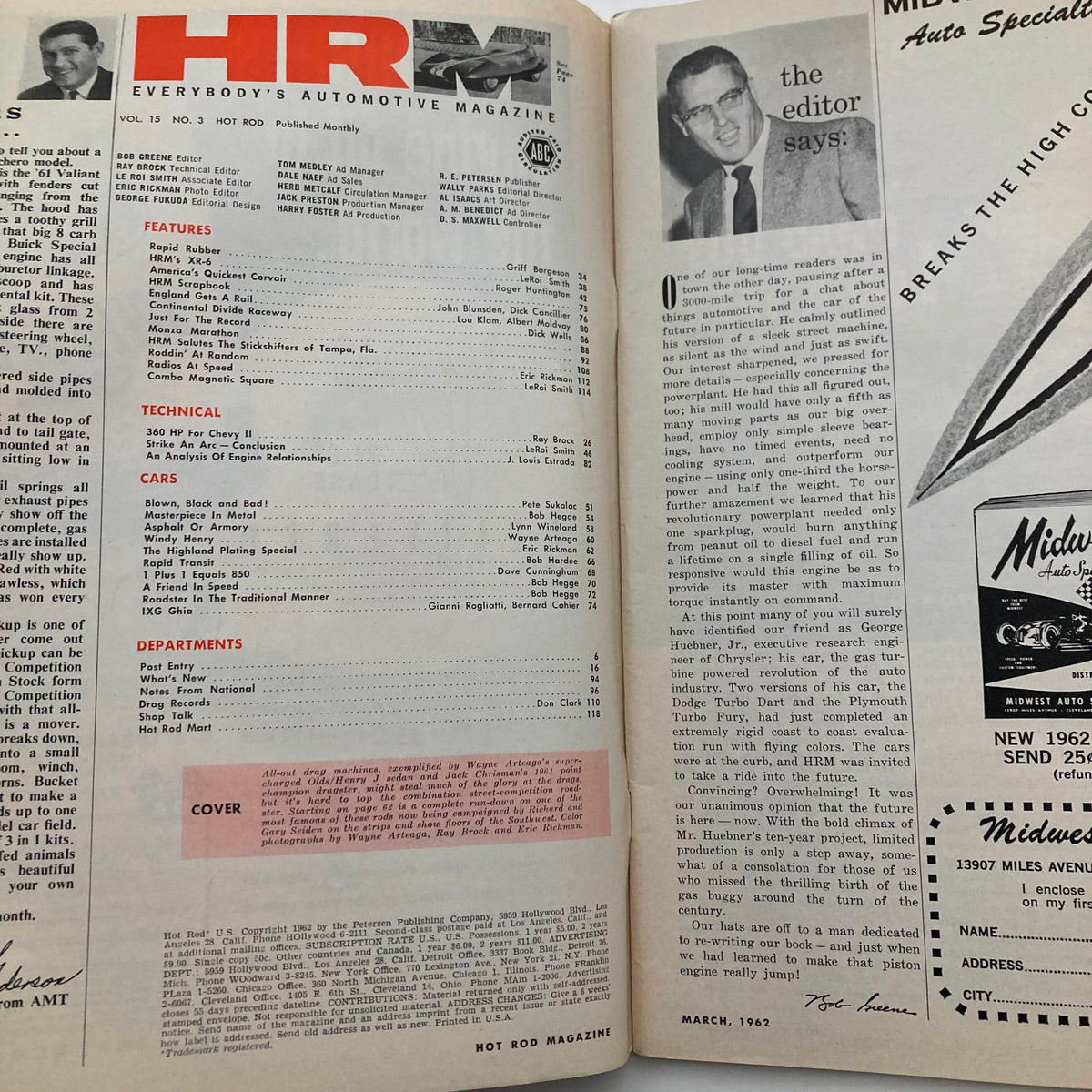 Inside page of VTG Hot Rod Magazine March 1962, Volume 15, Issue No. 3, displaying the table of contents with features and technical sections on classic cars.