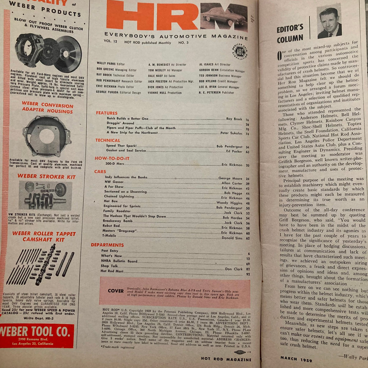 Inside page of VTG Hot Rod Magazine March 1959 Vol 12 No. 3 showcasing the editor's column and technical features related to automotive modifications.