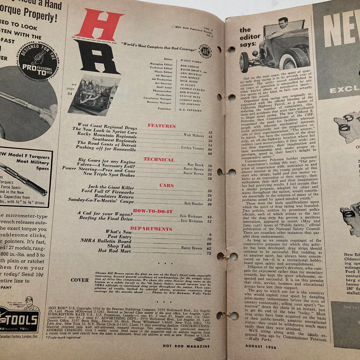 Inside page of VTG Hot Rod Magazine August 1956 Vol 9 No. 8 displaying the contents and features, highlighting technical articles and car tuning tips.