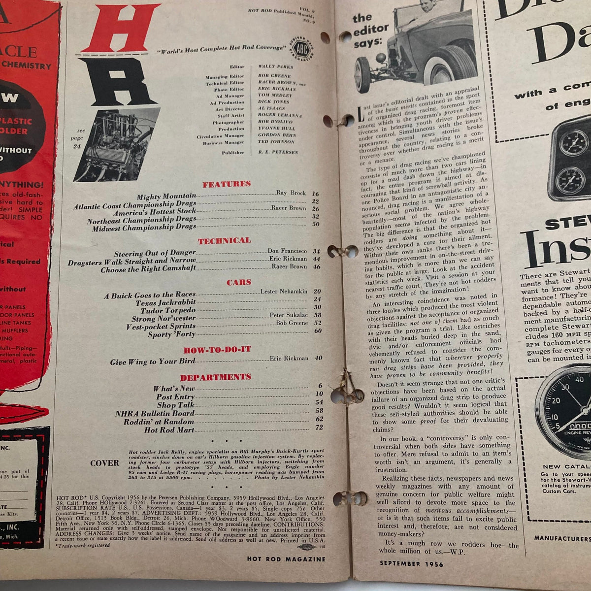 Interior page of VTG Hot Rod Magazine, September 1956, displaying the contents and articles related to car performance.