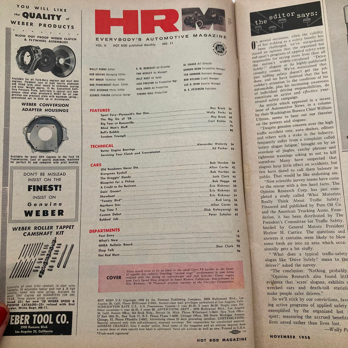 Inside page of VTG Hot Rod Magazine November 1958 featuring contents list with technical articles, classic car features, and advertisements, showcasing Volume 11, Number 11 of the issue that highlights the Small Chev V8 Hustler.